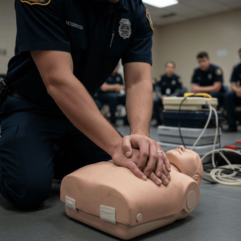 Paramedic instructor demonstrating chest compression technique on CPR training manikin during hands-on instruction