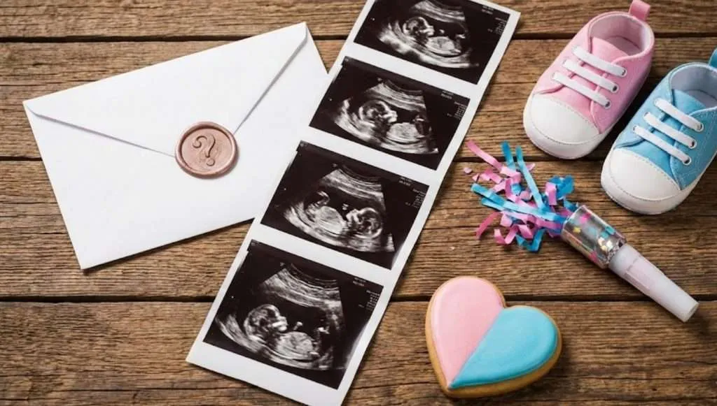 Ultrasound photos, pink and blue baby shoes, and a question mark envelope on wood.